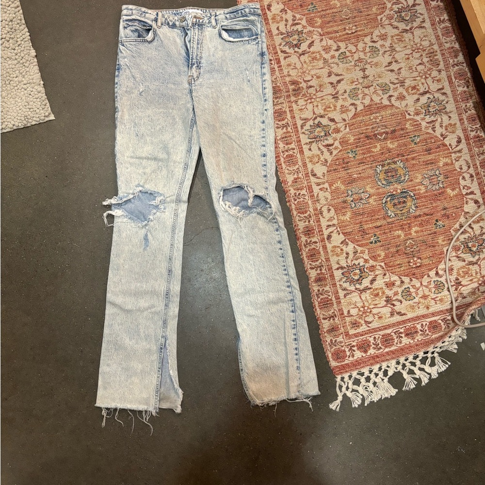 Zara Distressed High Waisted Raw Split Hem Denim